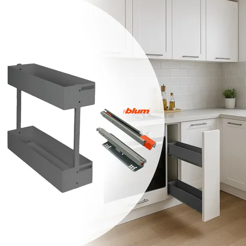 BLUM Softclose Schrankauszug Küche Rechts 2-etagig | Anthrazit | 150 mm - Praktischer 2-Etagen-Auszugskorb für Küchen mit BLUM-Führungsschienen. Genießen Sie sanftes Schließen und optimalen Zugriff mit diesem eleganten und stabilen Organizer in Anthrazit.