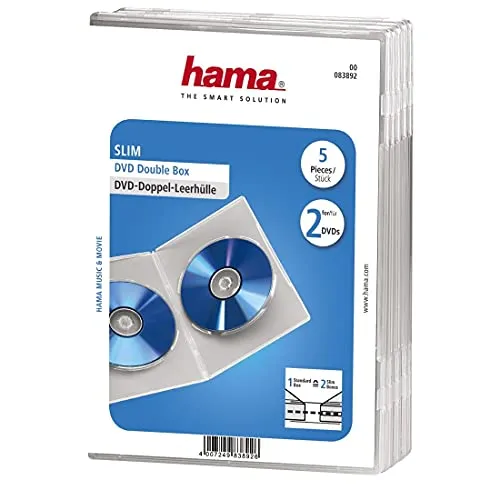 Hama DVD-Doppelhülle 5er-Pack - transparent, für 10 DVDs/CDs/Blu-rays, mit Cover-Folie und praktischen Klemmhalterungen für Booklets