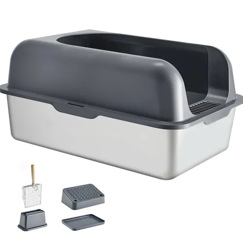 VEVOR Katzentoilette XL - 152,4 mm tief, geruchsfreies Edelstahl Katzenklo mit breitem Filter-Fußteil und hoher Wand, ideal für saubere Umgebungen