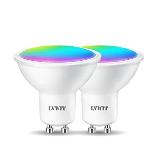 LVWIT Alexa Glühbirnen GU10, Wlan Smart Lampe, 4.9W Entspricht 35W, RGB+Warmweiß und Kaltweiß, Dimmbar per App oder Sprache, Kompatibel mit Alexa/Google Home, Kein Hub Benötig, 2 Pack