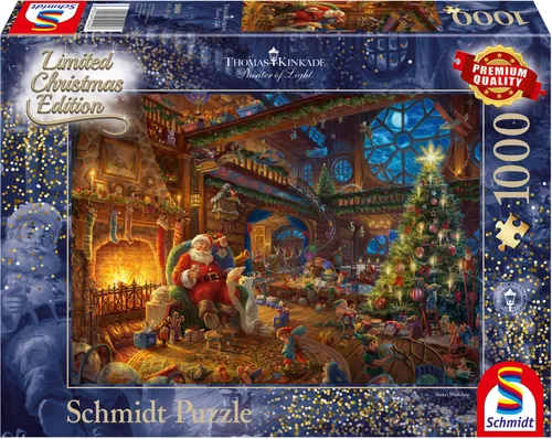 Schmidt Spiele Puzzle 1000 Teile - Der Weihnachtsmann und seine Wichtel - Standard-Puzzle mit Premium-Qualität, 1000 Teile von Thomas Kinkade für stundenlangen Puzzlespaß und ein exklusives Design.