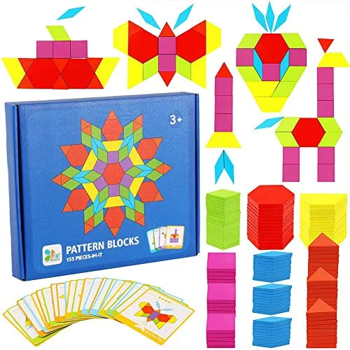 Holzpuzzles Geometrische Puzzle,155 Teilig Holzpuzzle Holzmusterblöcke Farbige Tangram Montessori Bausteine mit 24 Stück Designkarten Aufbewahrungstasche Geschenk für Kinder Mädchen Jungen ab 3 Jahr