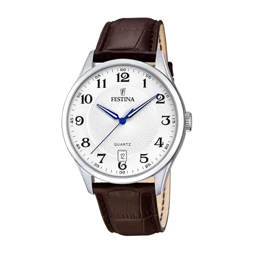 Festina Quarz Herren Klassik F20426/1 - Elegante 43mm Uhr - Herrenuhren mit weißem Zifferblatt und braunem Lederarmband, perfekt für stilbewusste Männer.