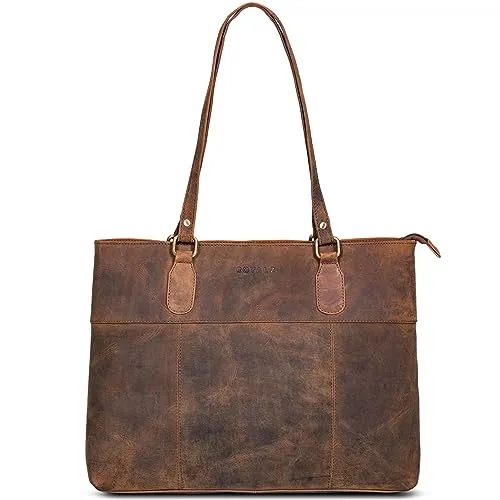 ROYALZ 'Augustine' Vintage Echtleder Handtasche Damen mittelgroß Leder Henkeltasche Schultertasche mit langen Henkeln, Farbe:Nevada braun