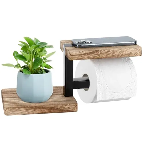 Pavlleen Toilettenpapierhalter Holz Bambus | Ohne Bohren mit Ablage | Schwarz Matt | Elegante WC Rollenhalter für Badzimmer und Küche | Stahl Bambus Design | Kleben oder Bohren Optionen