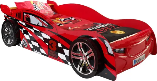 Autobett Kalitina 90x200 cm – Modernes Spielbett in Rot-Weiß - Stylisches Autobett Kalitina für Kinderzimmer, mit Rennwagen-Design und komfortabler Liegefläche von 90x200 cm. Ideale Lösung für verspielte Träume und einfach aufzubauen.