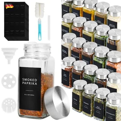 Lannvan Gewürzgläser Eckig Set [24 Stück] mit Edelstahldeckel, 120ml Gewürzdosen mit 246 Etiketten, Gewürzstreuer Spice Jars Gewürzbehälter mit Trichter, Leeren Aufklebern, Reinigungsbürste, Sieben