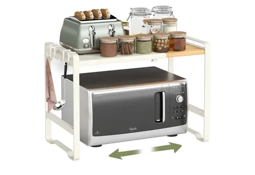Erweiterbares Mikrowellen-Regal aus Stahl und Bambus, 41,5-64 cm verstellbar - Flexibel und platzsparend: Dieses Mikrowellenregal passt sich verschiedenen Geräten an und bietet zusätzlichen Stauraum für Küchenutensilien. Das moderne Design vereint Funktionalität und Stil, ideal für jede Küche.