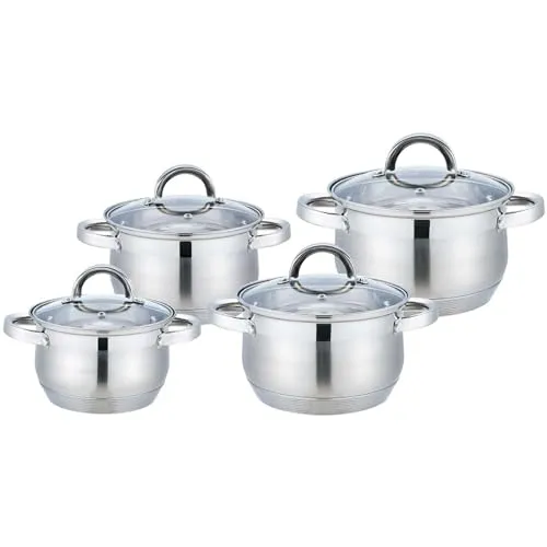 4BIG.fun Kochtopf Set 8-teilig aus Edelstahl mit Glasdeckel - Kochtöpfe aus hochwertigem Edelstahl, ideal für energiesparendes Kochen mit schneller Wärmeverteilung und praktischem Glasdeckel zum Beobachten des Kochvorgangs.
