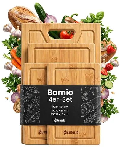 CLP Schneidebrett Bambus-Holz 4er Set Bamio, messerschonend und antibakteriell, extradicke Servierbretter mit Saftrille Farbe natur