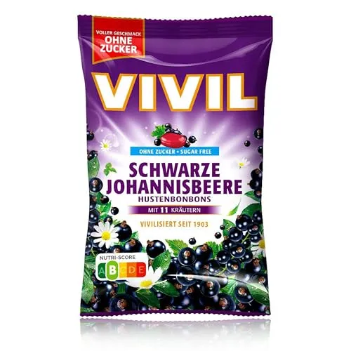 VIVIL Schwarze Johannisbeere mit 23 Kräuter, 1 Beutel, Hustenbonbons mit Kräutergeschmack, ohne Zucker & vegan, 1 x 120g