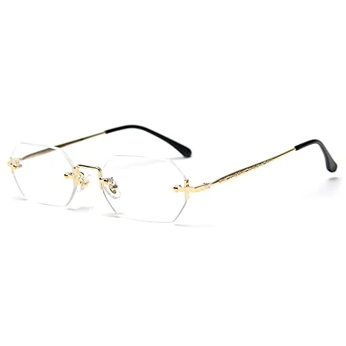 LIGOES männer rechteckig sonnenbrille rahmenlose sonnenbrille randlos achteckig kleine brillen frauen metall gold polygon blau braun uv400 (gold with clear)