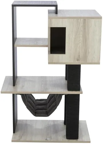 TRIXIE Kratzbaum City Style 98 cm in grau/schwarz - Aktivitätskratzbaum mit gemütlicher Katzenhöhle & Hängematte, ideal für kleine Räume und sorgt für Stabilität während des Spielens.