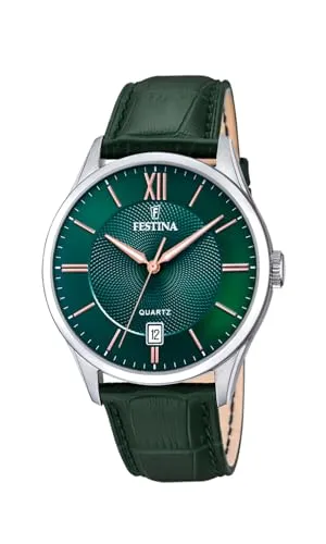 Festina Herren Analog Quarz Uhr F20426/7 - Elegante Armbanduhr für Herren mit silbernem Edelstahlgehäuse und grünem Ziffernblatt, wasserdicht bis 5 bar – ideal für den täglichen Gebrauch.