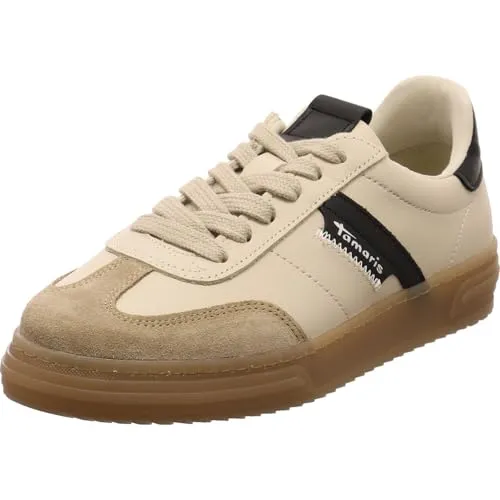 Tamaris Damen Sneaker Samba Style – Beige Schwarz aus Echtleder