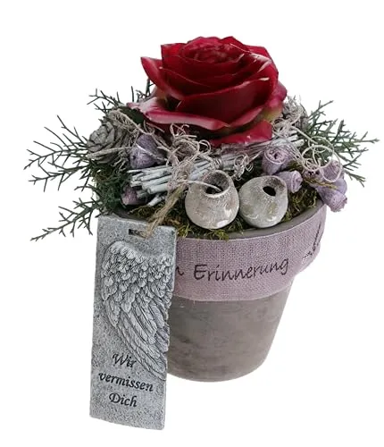 Grabschmuck Tontopf mit Wachsrose Erika, wetterfest CreaFlor Home