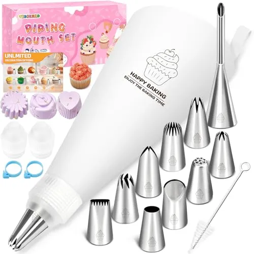 TEBOKHAD Spritzbeutel Mit Tüllen, 19 Teilig Spritztülle Wiederverwendbar Für Spritzbeutel, Torten Zubehör Mit 10 Edelstahl Spritztüllen Edelstahl, Spritztüllen Set Für Kuchen,Torten,Keksen-Dekoration