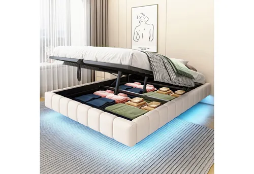 Merax Polsterbett schwebendes Design mit LED-Lichtleiste (1-tlg., Hydraulisches Stauraumbett Mehrzweckbett), Doppelbett 140x200cm mit hydraulischem Stauraum, ohne Kopfteil, Leinen
