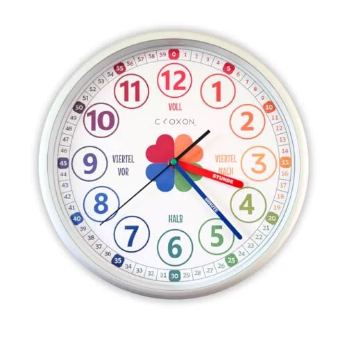 CLOXON Wanduhr für Kinder Montessori inspirierte Lernuhr analoge Kinderuhr zum Lernen der Uhrzeit cleveres Design für leichte Ablesbarkeit ohne Tick Geräusche (Kunststoffrahmen Silber)