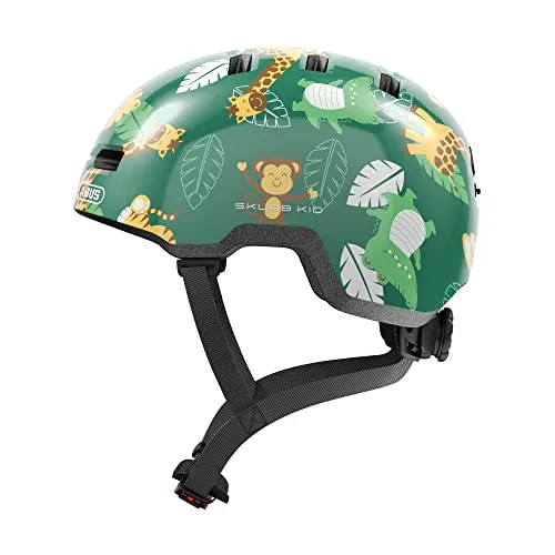 ABUS Kinderhelm Skurb Kid - Skater-Look Fahrradhelm für Kinder - Fahrradhelme, robuster und leichter Helm im Skater-Look mit Platz für einen Zopf, ideal für aktive Kinder, in Grün mit Junglemuster.