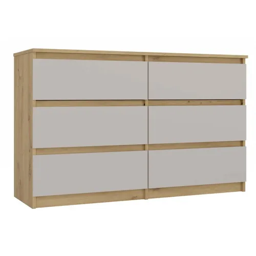 Komoda Malwa M6/120 KASZMIR ARTISAN - Stylische Kommode mit 6 geräumigen Schubladen, ideal für Schlafzimmer und Wohnzimmer. Die Kombination aus Artisan Eiche und Kaschmir Fronten verleiht jedem Raum Eleganz und Leichtigkeit.