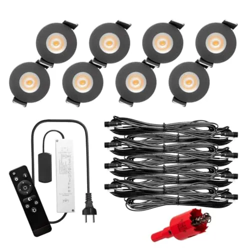 S-Polytec PREMIUM Mini LED- Einbauspots Warmweiss 3.000K, DIMMBAR, IP65, FUNK 3W Einbaustrahler Terrassenüberdachung, Bad, Sauna mit Fernbedienung (ANTHRAZIT, 8x LED-SET)