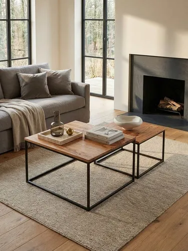 KADIMA DESIGN Satztisch Wohnzimmertisch 2er Set Akazie Massivholz / Metall Beistelltisch Eckig (Tischset 2-teilig Satztisch), Design Couchtisch mit Metallbeine Sofatisch