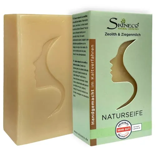 Skineco Naturseife | nachhaltige Ziegenmilchseife mit Zeolith | Stück Seife für empfindliche Haut | Körperseife | handgemachte Naturkosmetik | Gesicht Reinigung | clear skin | mildes Duschgel