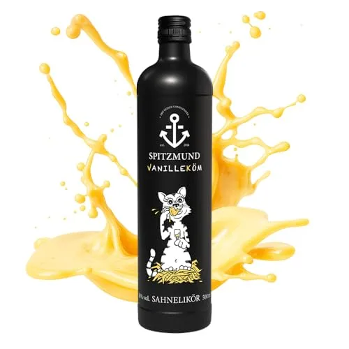 SPITZMUND Katze Vanilleköm 500 ml | Cremiger Vanillelikör | Geschmack wie warmer Vanillepudding | Perfekt zum Verschenken oder Genießen | Sahnelikör mit Vanillenote | 500 ml | 16% vol.