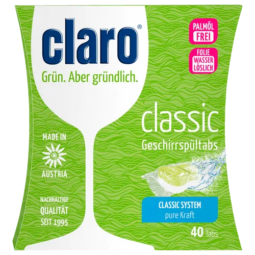 Claro Öko Classic Tabs Spülmaschinentabs - Geschirrspülmittel, palmölfrei und vegan, mit innovativer wasserlöslicher Folie und Eco+ Formel für strahlend sauberes Geschirr.