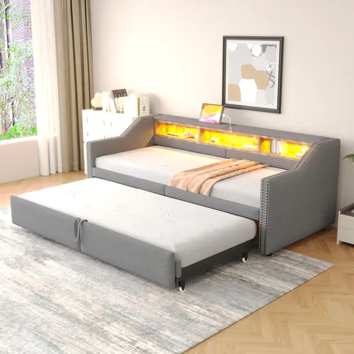 MODFU Schlafsofa mit ausziehbares Bett,90/180x200 Tagesbett Jugendbett mit LED Beleuchtung und USB Anschluss,mit Lattenrost,Hellgrau(ohne Matratze)