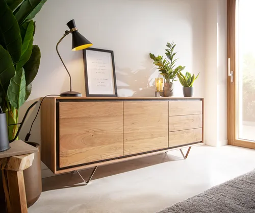 DELIFE Sideboard Stonegrace 175 cm aus Akazie mit Steinfurnier - Elegante Kommode mit 2 Türen und 3 Schubladen aus hochwertigem Akazienholz und dunklem Steinfurnier. Ideal für stilvolle Wohnräume und bietet reichlich Stauraum.