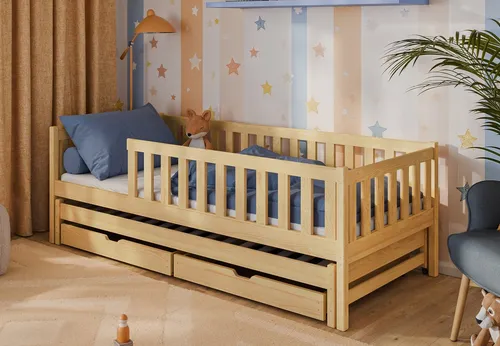Multifunktionales Kinderbett mit Ausziehbett und Rausfallschutz - Platzsparendes Kinderbett aus massivem Kiefernholz mit Ausziehbett und zwei Schubladen für zusätzlichen Stauraum. Ideal für moderne Familien und erhältlich in vier Größen.