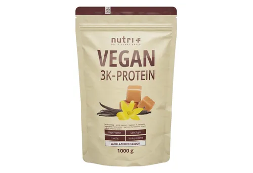 nutri+ Protein Pulver Vegan 3K, 1000 g - Pflanzliches Mehrkomponentenprotein - Proteine: 100% pflanzlich, hoher Eiweißanteil, fett- und zuckerarm. Ideal für Muskelaufbau und Definitionsphase, frei von Laktose und künstlichen Zusätzen.