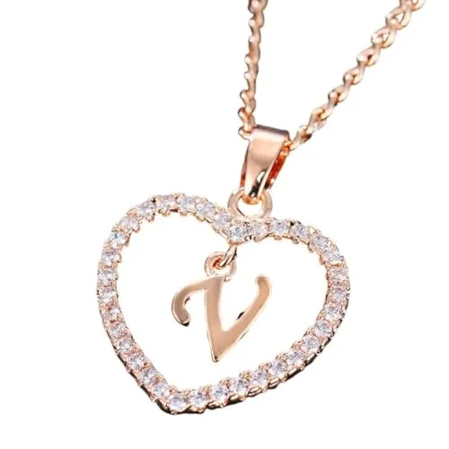 Bungsa Kristall-Damenkette Herz und Buchstabe Rosegold aus Alloy (V)