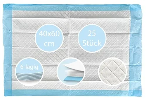 TIGA-MED Krankenunterlagen 40x60cm | 6-lagig | 25 Stück | Trainingspads | Wickelunterlagen für Babys | Einmal Patientenunterlagen | Inkontinenzunterlagen | Welpenunterlagen