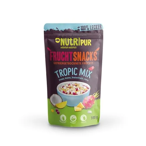 Gefriergetrocknete Früchte-Mix „Tropic-Mix“100g I Getrocknete Beeren und Früchte I Mischung aus Kokosnuss, Drachenfrucht, Mango und Ananas I NutriPur