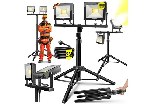 MASKO LED Baustrahler 100W mit Stativ und Fernbedienung - Baustrahler für Innen- und Außenbereich, mit 8000lm Lichtleistung, IP65 wetterfest und höhenverstellbar von 102 bis 202 cm. Ideal für präzise Beleuchtung bei Renovierungen und auf Baustellen.