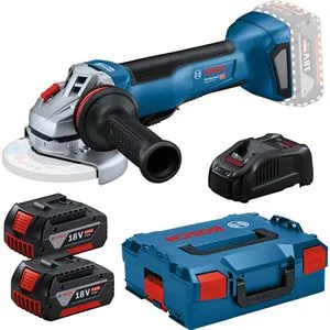 Bosch Winkelschleifer GWS 18V-10 P, Professional, 125mm - Akku-Winkelschleifer mit 18V/5,0Ah, inkl. 2 Akkus und Ladegerät. Ideal für präzises Schleifen und Trennen von Metall, Beton und Fliesen, ausgestattet mit Schutzschalter und intelligentem Bremssystem.
