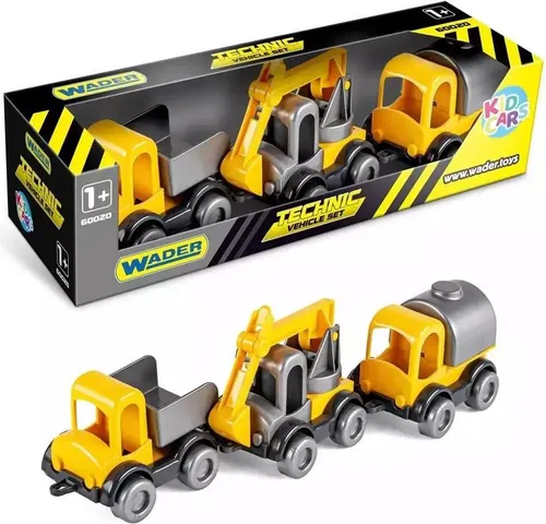 Wader 60021 - Kid Cars Spielset Baustelle, 3 gelbe Fahrzeuge mit Kipper, Kran und Trankwagen, stabile Stahlachsen, ab 12 Monaten, ideal als Geschenk für kreatives Spielen