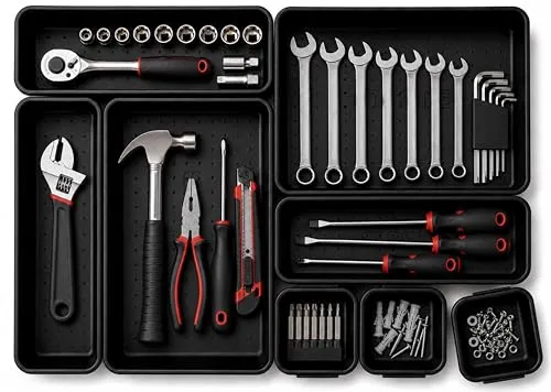 Schubladen-Organizer mit ineinandergreifenden Fächern, robuster Kunststoff, verschiedene Größen für individuelles Layout-Design, Werkzeugkasten oder Garagenorganisation, Schwarz | 8-teiliges Set