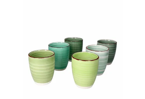 MamboCat Becher 6er Set Green – Stilvolle Kaffeebecher ohne Henkel - Becher Set aus farbigem Steingut, ideal für kreative Kaffeeliebhaber, perfekt für den täglichen Gebrauch oder besondere Anlässe.