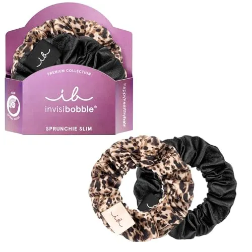 invisibobble Sprunchie Slim Leo is the New Black - Haargummis 2er Set - Skin Care: 2 Haargummis für Damen, die perfekten Halt bieten und widerspenstige Strähnen bändigen – ideal für jede Frisur und immer griffbereit!