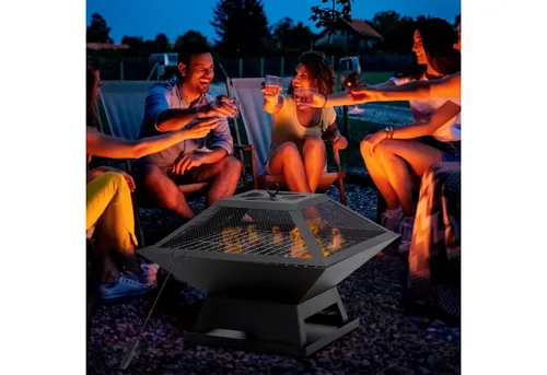 Outsunny Tischfeuer mit Schürhaken - 2-in-1 Feuerstelle für Garten und Camping - Tischfeuer aus robustem Stahl, ideal zum Heizen und Grillen. Kompakt und tragbar, perfekt für Gartenpartys und Camping. Mit Funkenschutz und Schürhaken für sichere Handhabung.