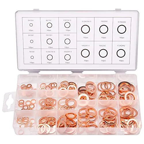 Toolwiz 150 Stück Massive Kupferdichtringe Sortiment in 15 Größen Dichtringe Kupferring, Kupfer Dichtungssatz, Kupfer Unterlegscheiben Dichtung, Hardware Zubehör solide (M5-M17.5)