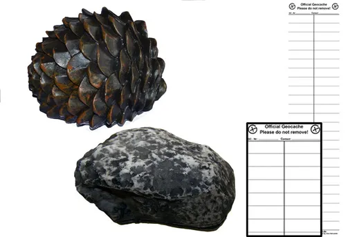 Geocaching Versteck Set Paket Fake Stein + Tannenzapfen + 10 Logstreifen