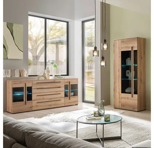 Lomadox Wohnzimmer-Set COLORADO-61, (Mega-Spar-Set, 2-St., Vitrine Sideboard), in Eiche mit LED Glasbodenbeleuchtung und Softclose Schubladen