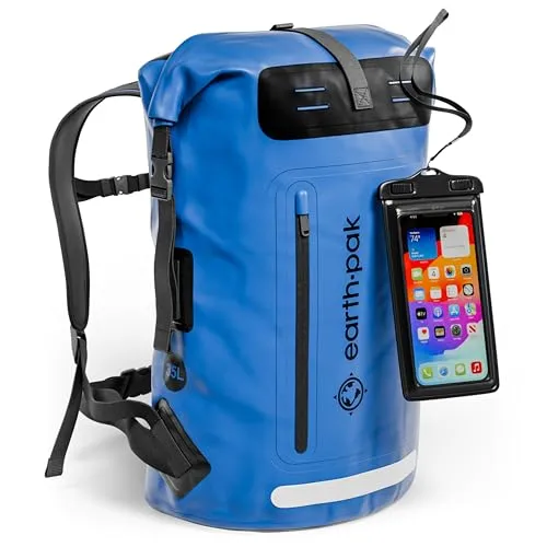 Earth Pak Summit wasserdichter Rucksack, Backpack mit leistungsstarkem Reißverschl 35Luss und Rolltop, wasserfester Handyhülle (Blau)