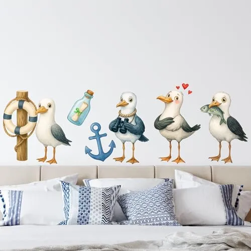 Maritimes Wandtattoo-Set Seemöwen & Accessoires – Vinyl-Wandsticker Möwen Kinderzimmer Deko für Wohn