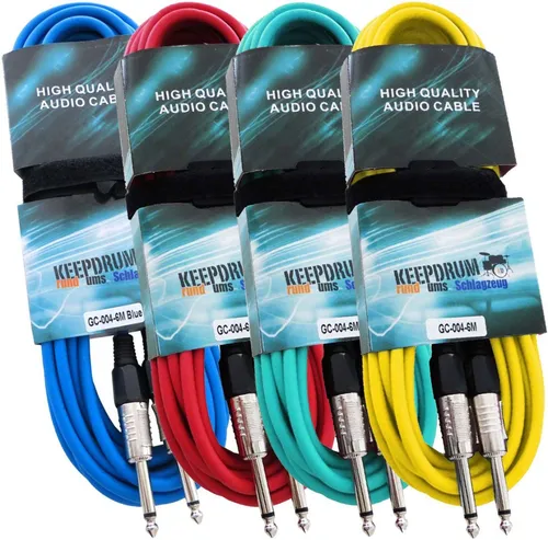keepdrum Mono-Klinkenkabel 6m Farben-Set - HiFi-Kabel für Bühnenmusiker, rauschfrei und extrem robust, 4er Set in Farben Rot, Blau, Grün, Gelb, ideal für Live-Performances.